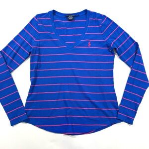 Ralph Lauren Sport V Neck Shirt Blue Pink Stripe Preppy